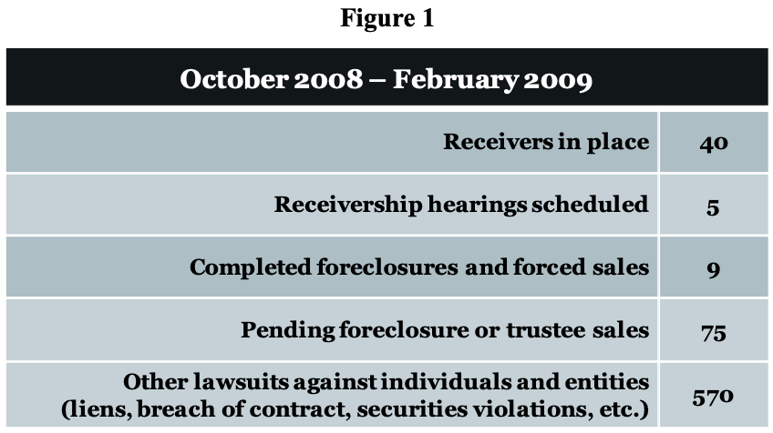 Chart summarizing Sunwest Management's situation between October 2008 and February 2009